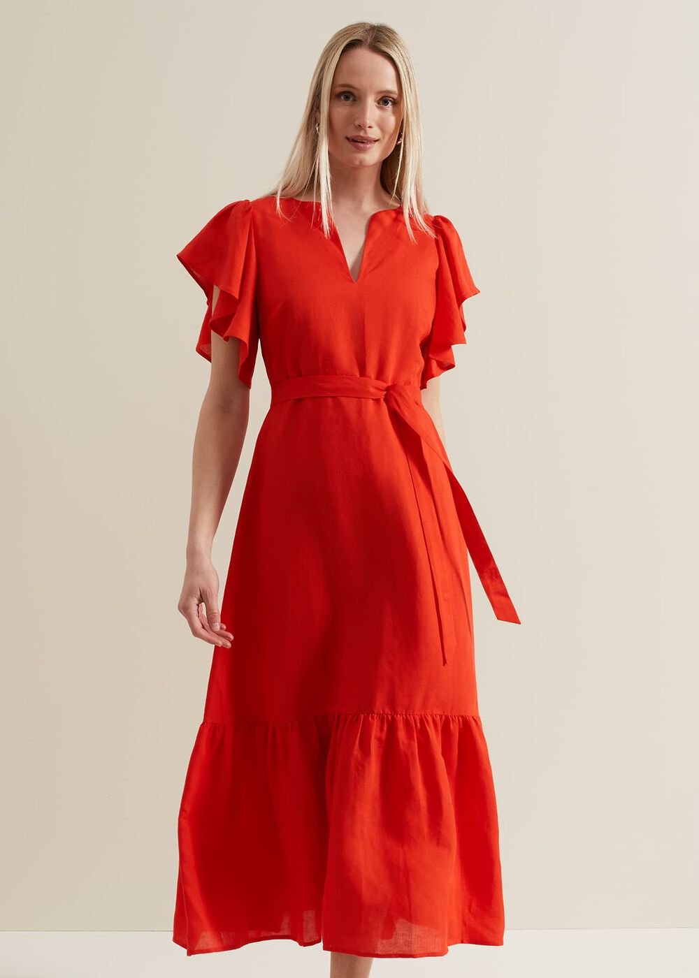 Morgan Red Linen Midi Dress - Red