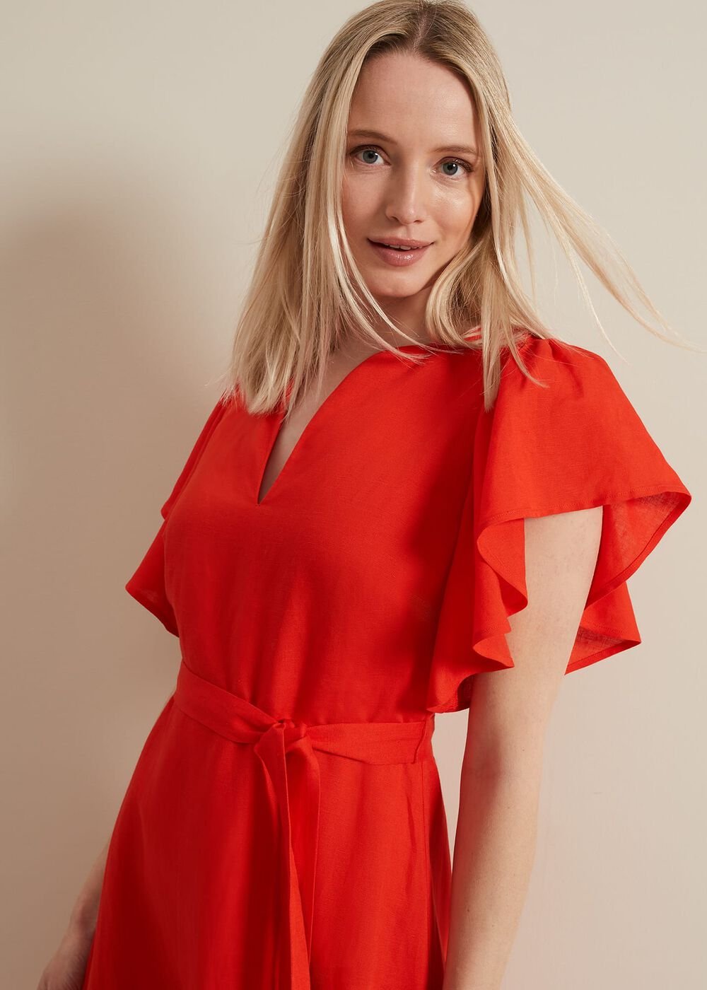 Morgan Red Linen Midi Dress - Red