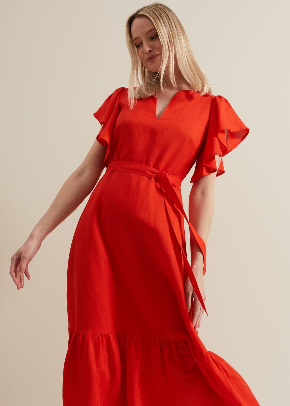 Morgan Red Linen Midi Dress - Red