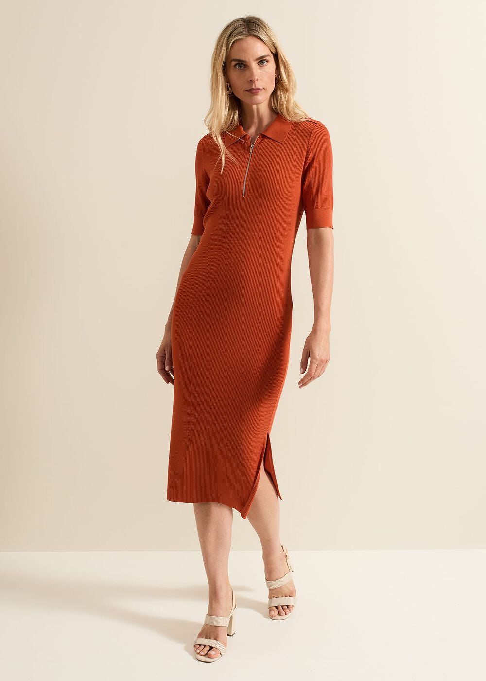 Perrie Ribbed Zip Midi Dress - Orange