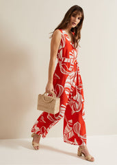 Suzie Leaf Print Jumpsuit - Red