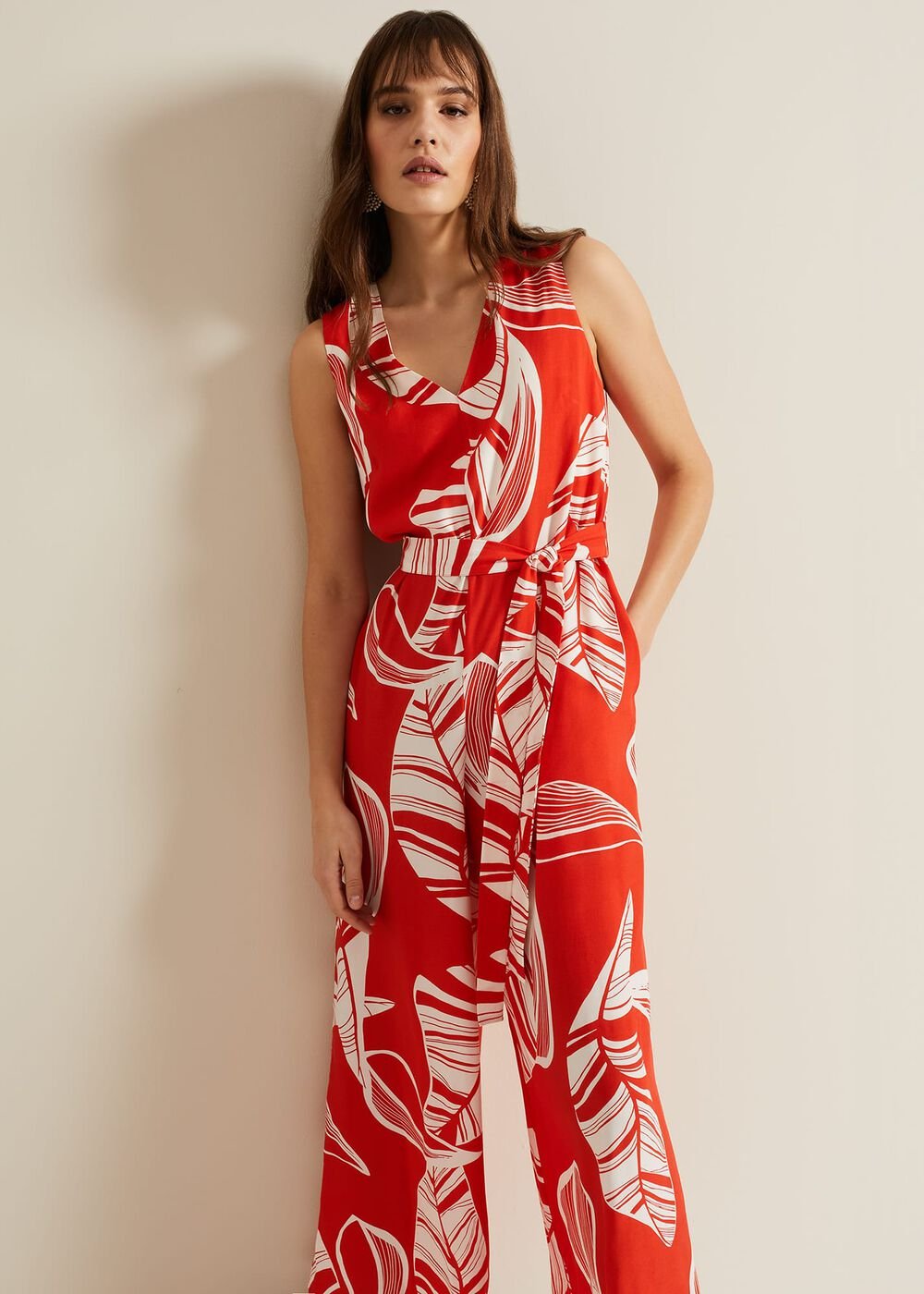 Suzie Leaf Print Jumpsuit - Red