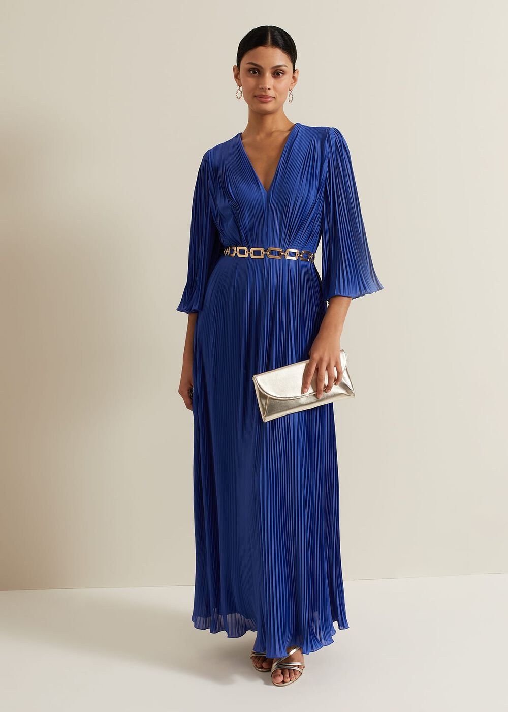 Venetia Pleat Beaded Maxi Dress - Blue