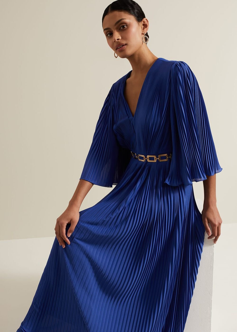 Venetia Pleat Beaded Maxi Dress - Blue