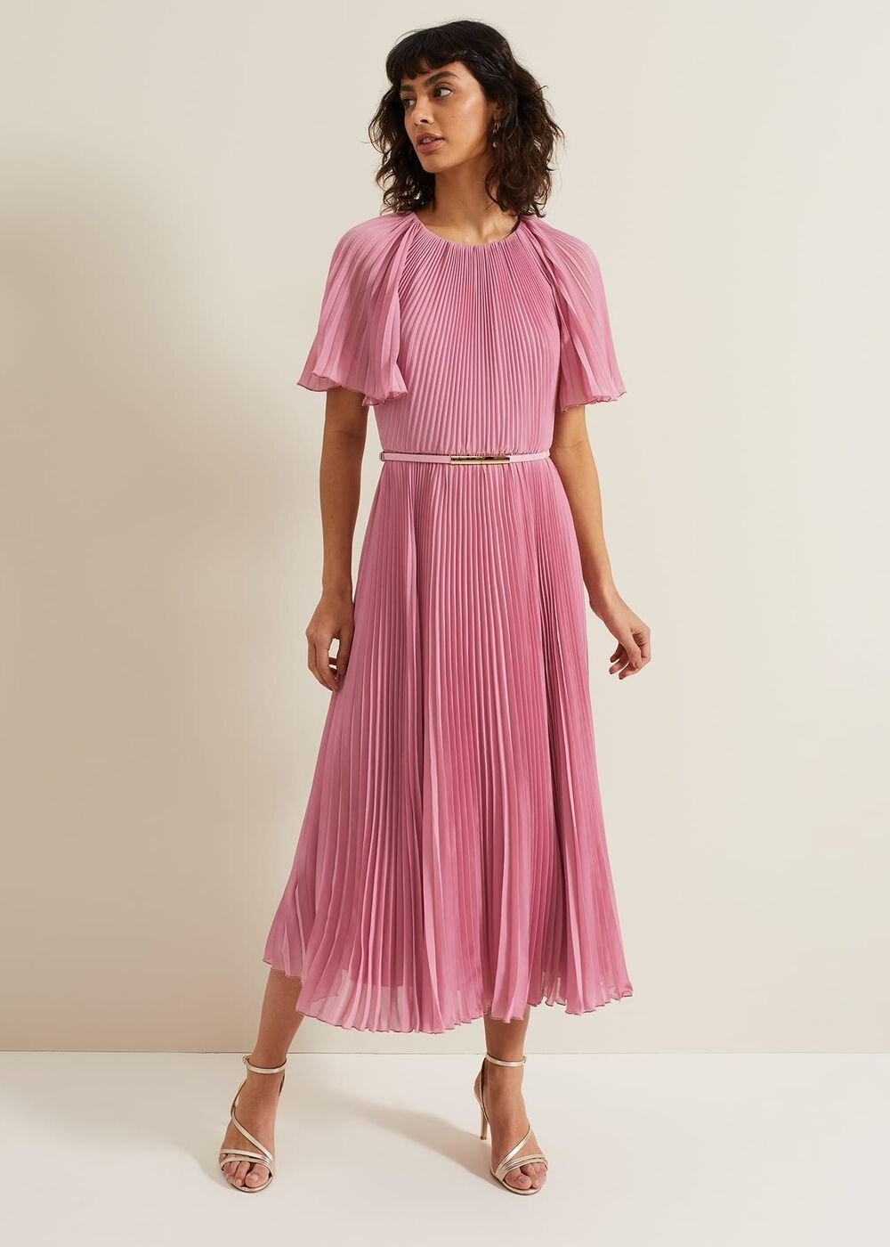 Kathleen Pleated Plain Midi Dres - Pink