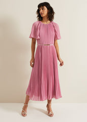 Kathleen Pleated Plain Midi Dres - Pink
