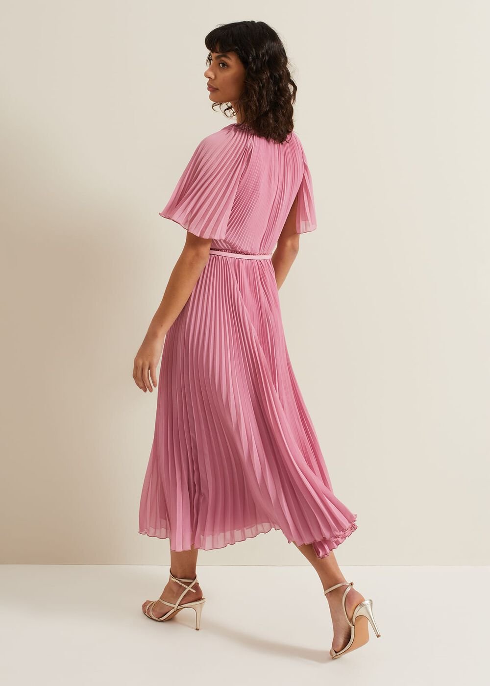 Kathleen Pleated Plain Midi Dres - Pink