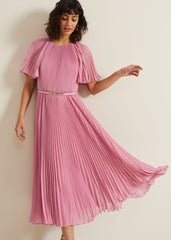 Kathleen Pleated Plain Midi Dres - Pink