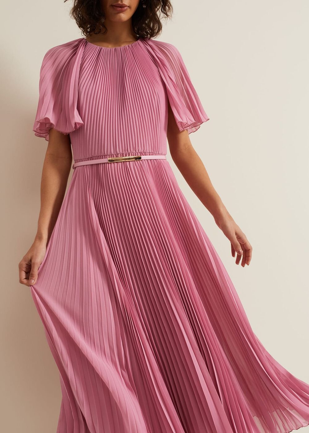 Kathleen Pleated Plain Midi Dres - Pink