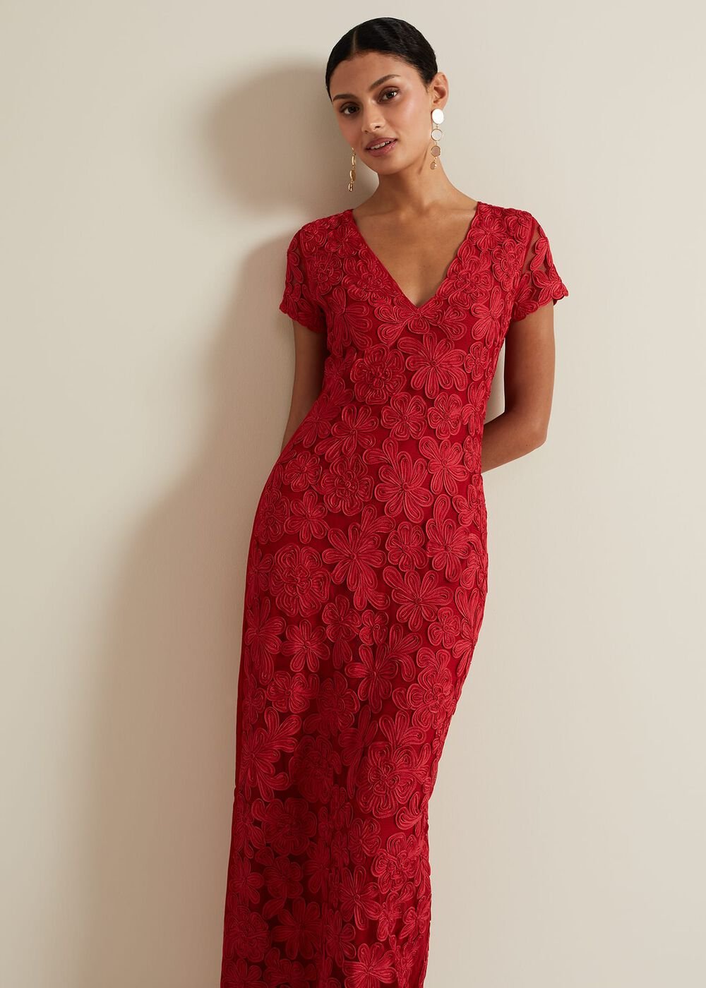 Janice Red Tapework Maxi Dress - Red