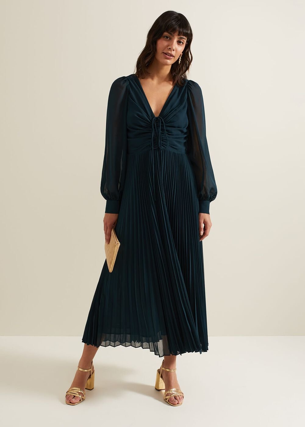 Kindra Teal Chiffon Pleated Midi Dress - Teal