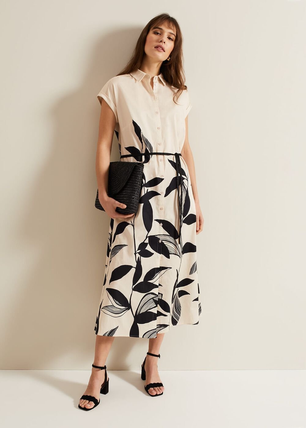 Felicity Leaf Print Midi Dress - Black/Multi