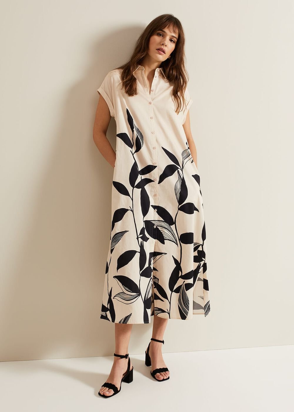 Felicity Leaf Print Midi Dress - Black/Multi