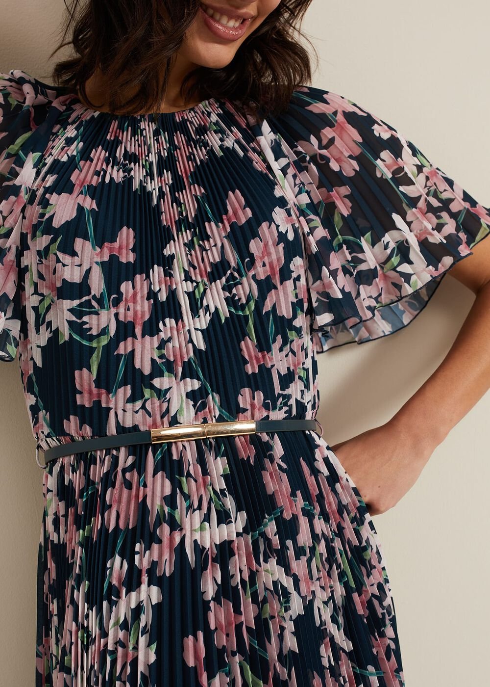 Kathleen Floral Pleated Midi Dress - Multi-Coloured