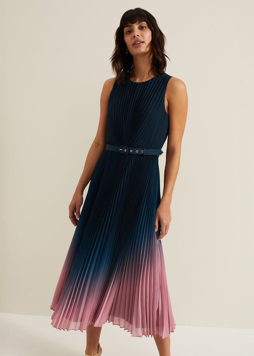 Simara Ombre Chiffon Midi Pleat Dress - Multi-Coloured