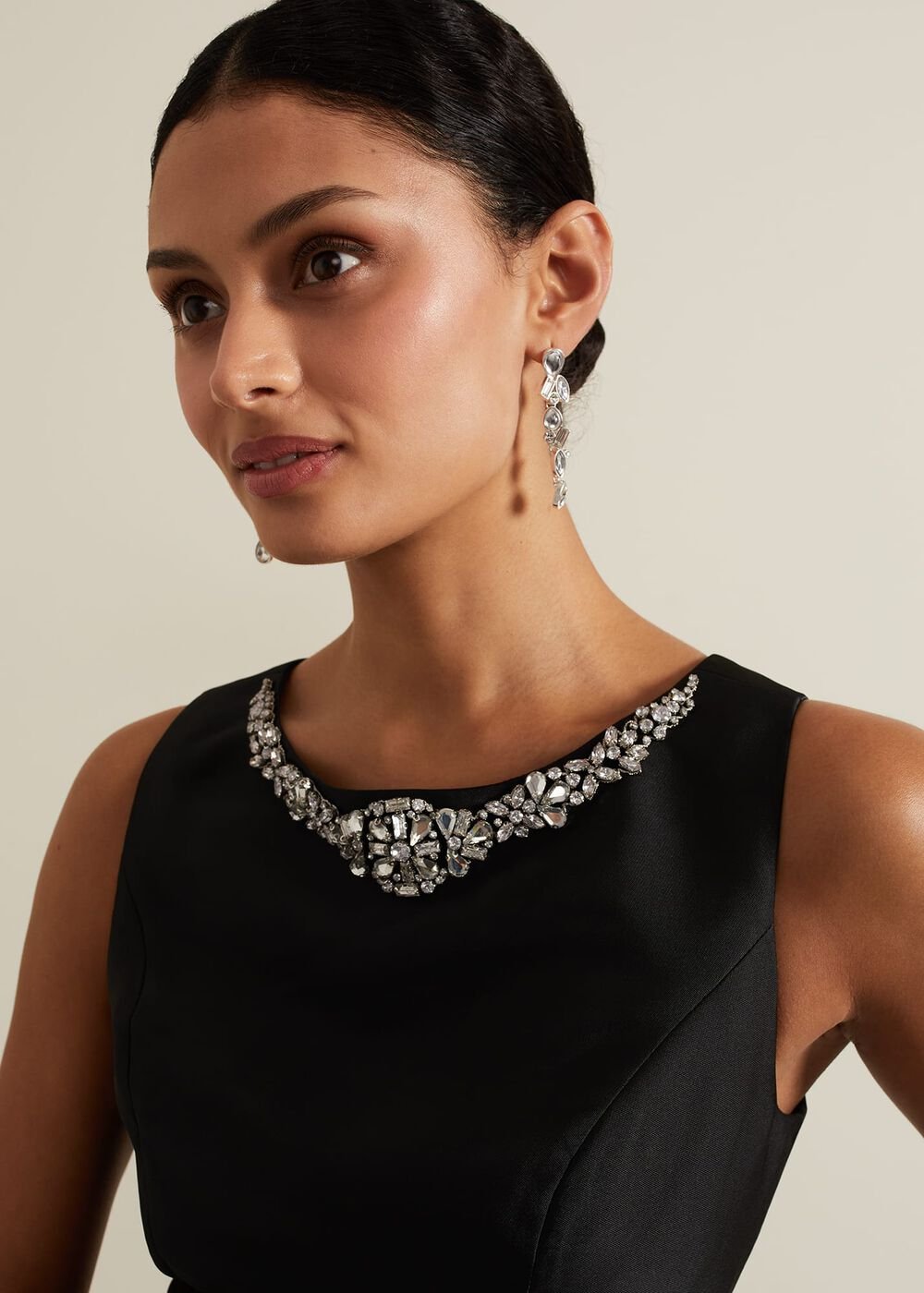 Yisanne Black Satin Embelished Dress - Black