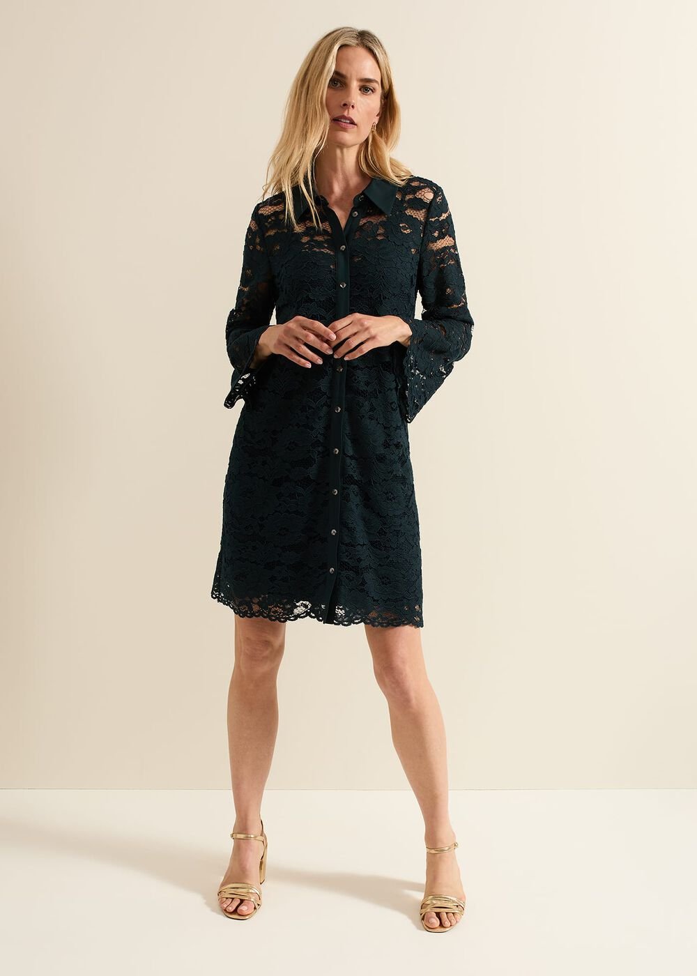 Rojina Teal Lace Shirt Dress - Teal