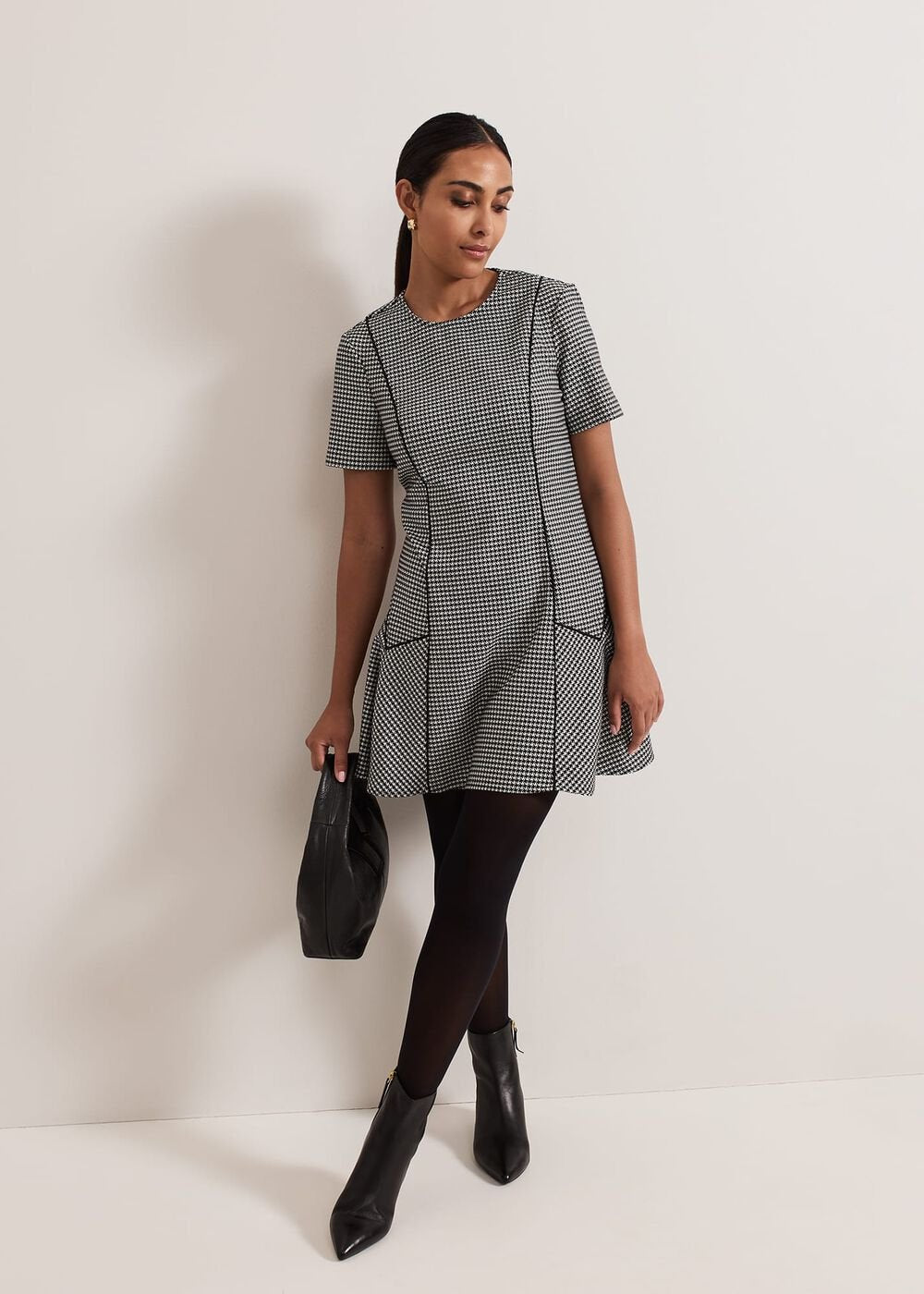 Petite Viola Houndstooth Mini Dress - Black Multi