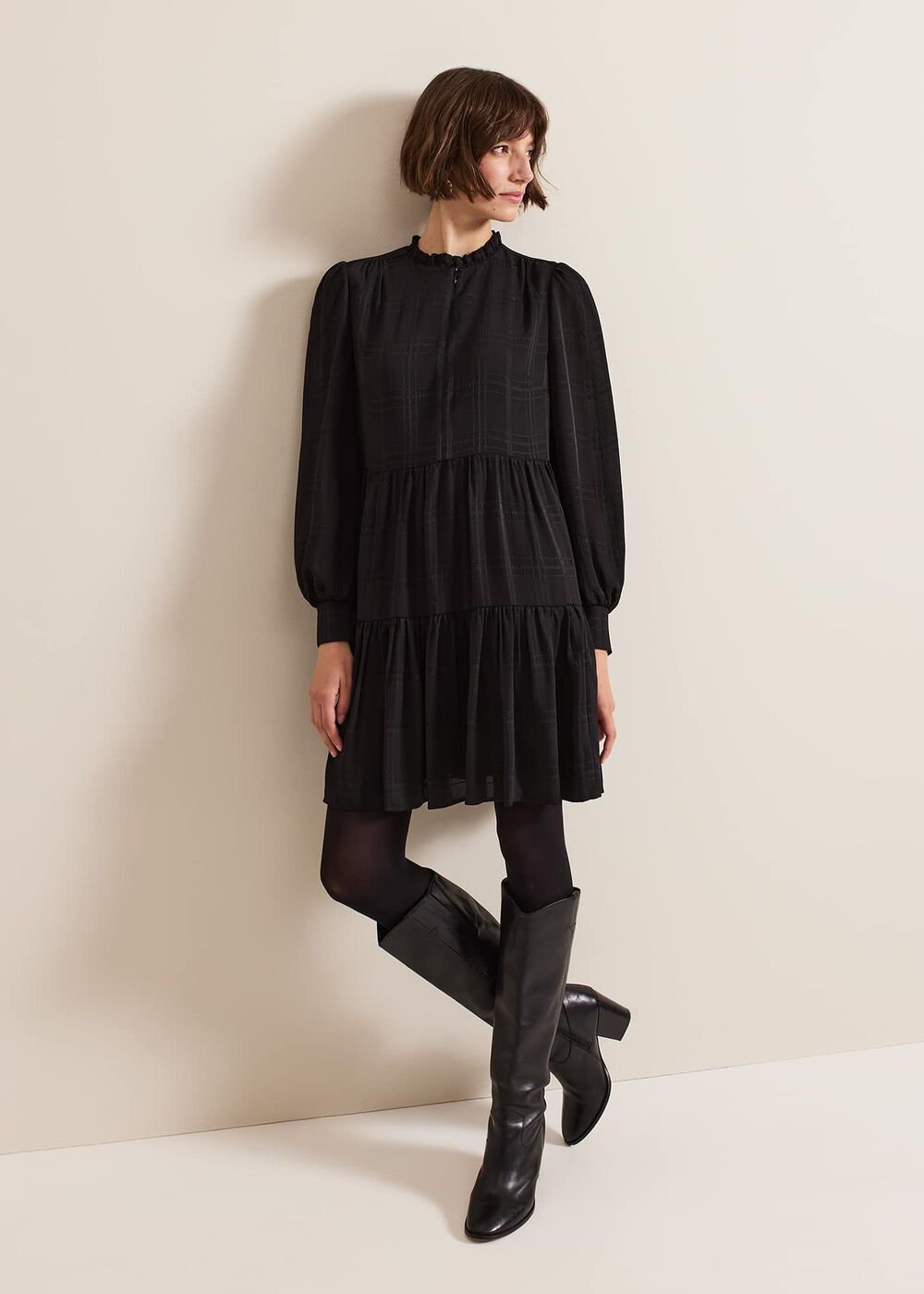 Shreya Check Swing Mini Dress - Black