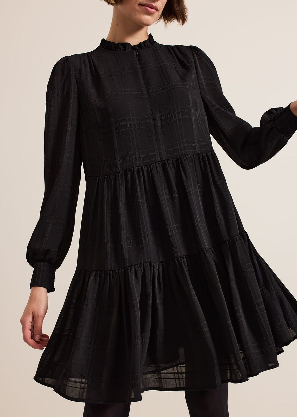 Shreya Check Swing Mini Dress - Black
