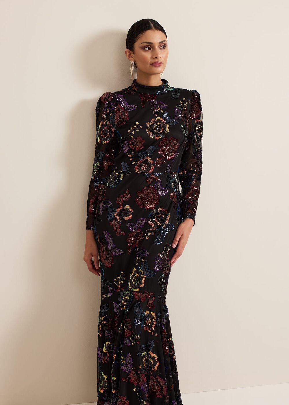 Lelo Sequin Long Sleeved Maxi Dress - Black/Multi