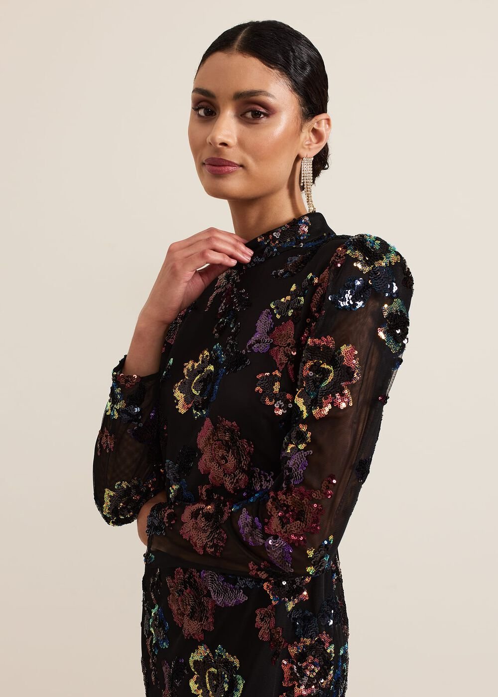 Lelo Sequin Long Sleeved Maxi Dress - Black/Multi