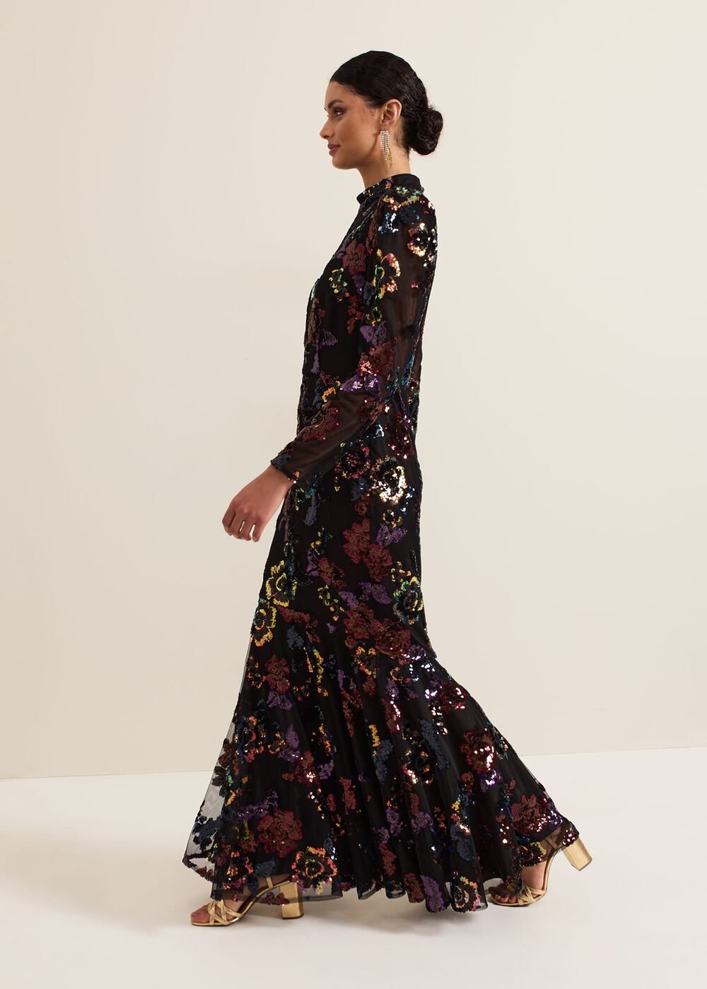 Lelo Sequin Long Sleeved Maxi Dress - Black/Multi
