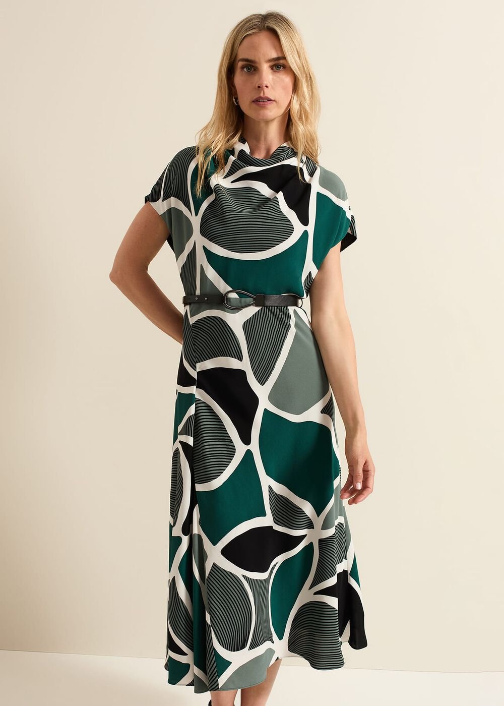Zaynab Green Swirl Cowl Neck Midi Dress - Green