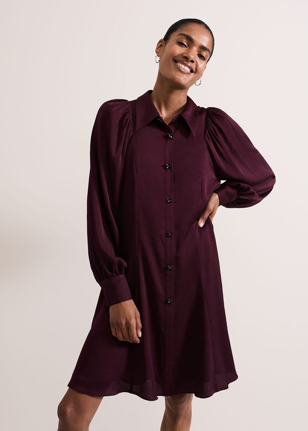 Tila Burgundy Embellished Shirt Dress - Burgundy