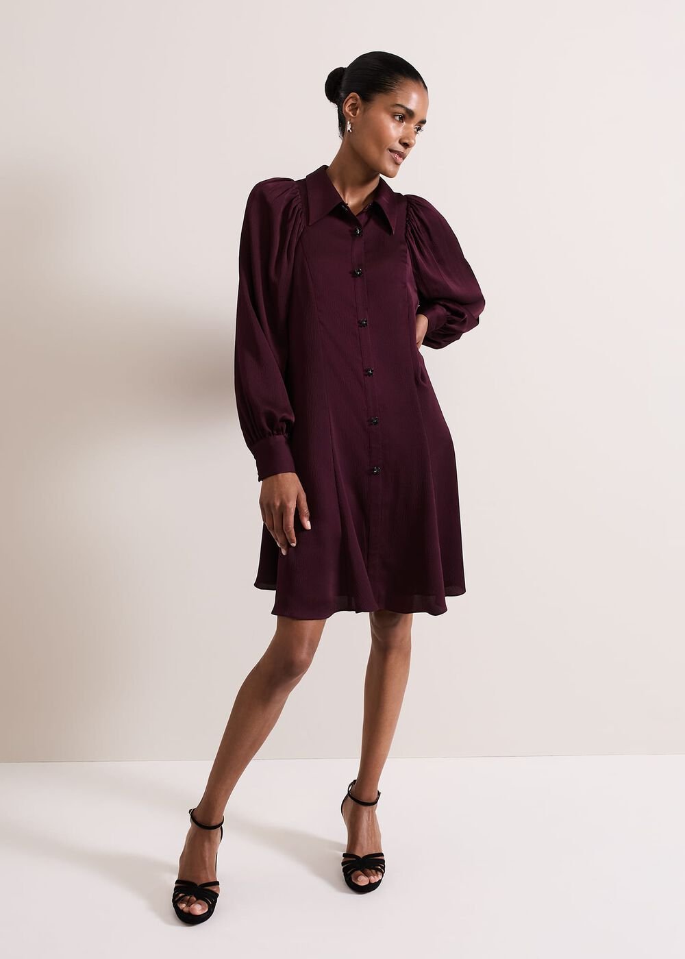 Tila Burgundy Embellished Shirt Dress - Burgundy