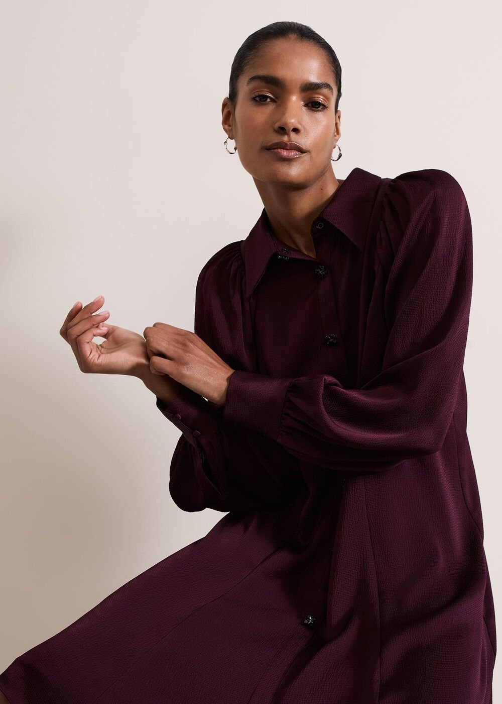 Tila Burgundy Embellished Shirt Dress - Burgundy