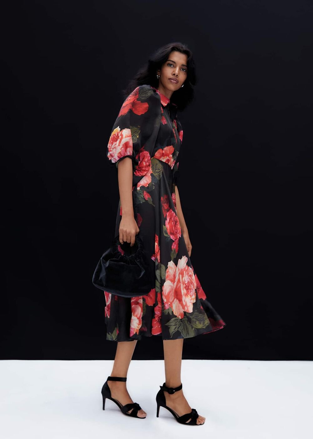 Cilla Floral Shirt Midi Dress - Black/Multi