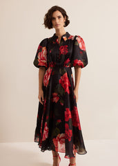Cilla Floral Shirt Midi Dress - Black/Multi