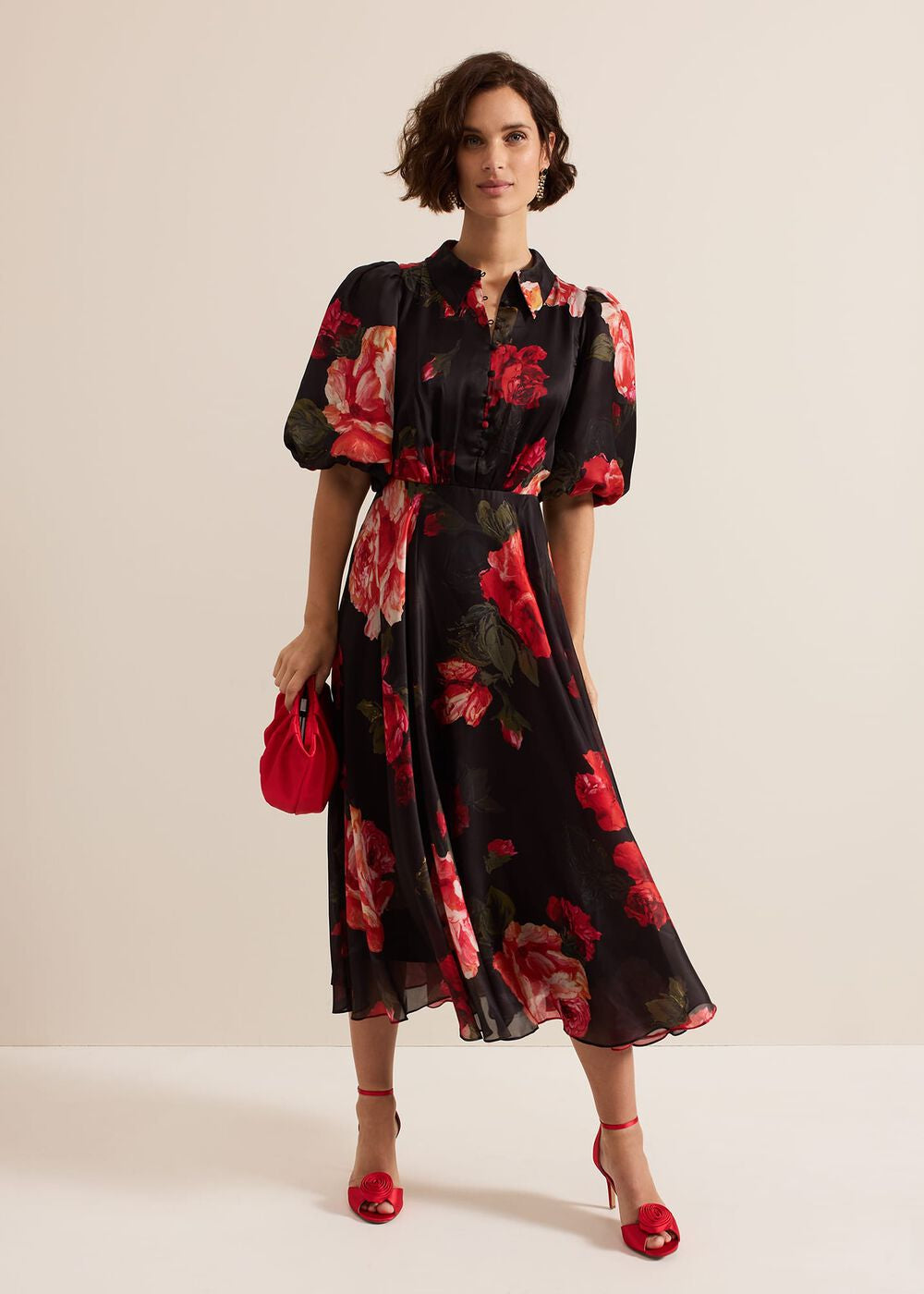 Cilla Floral Shirt Midi Dress - Black/Multi