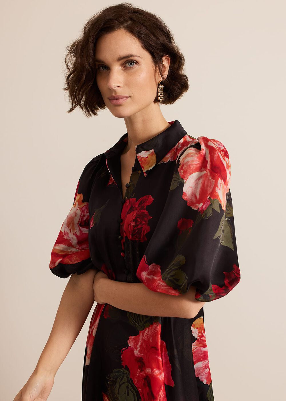 Cilla Floral Shirt Midi Dress - Black/Multi