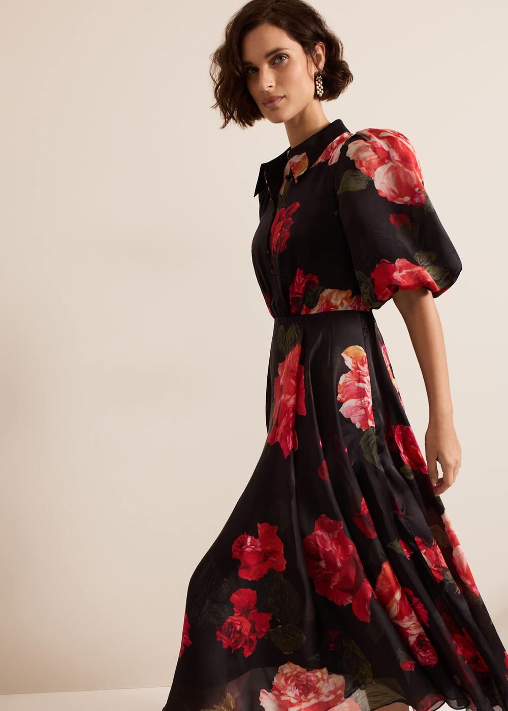 Cilla Floral Shirt Midi Dress - Black/Multi