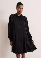 Tila Black Satin Embellished Shirt Dress - Black