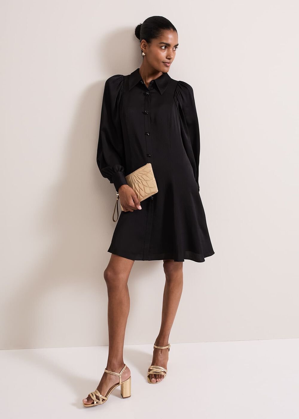 Tila Black Satin Embellished Shirt Dress - Black