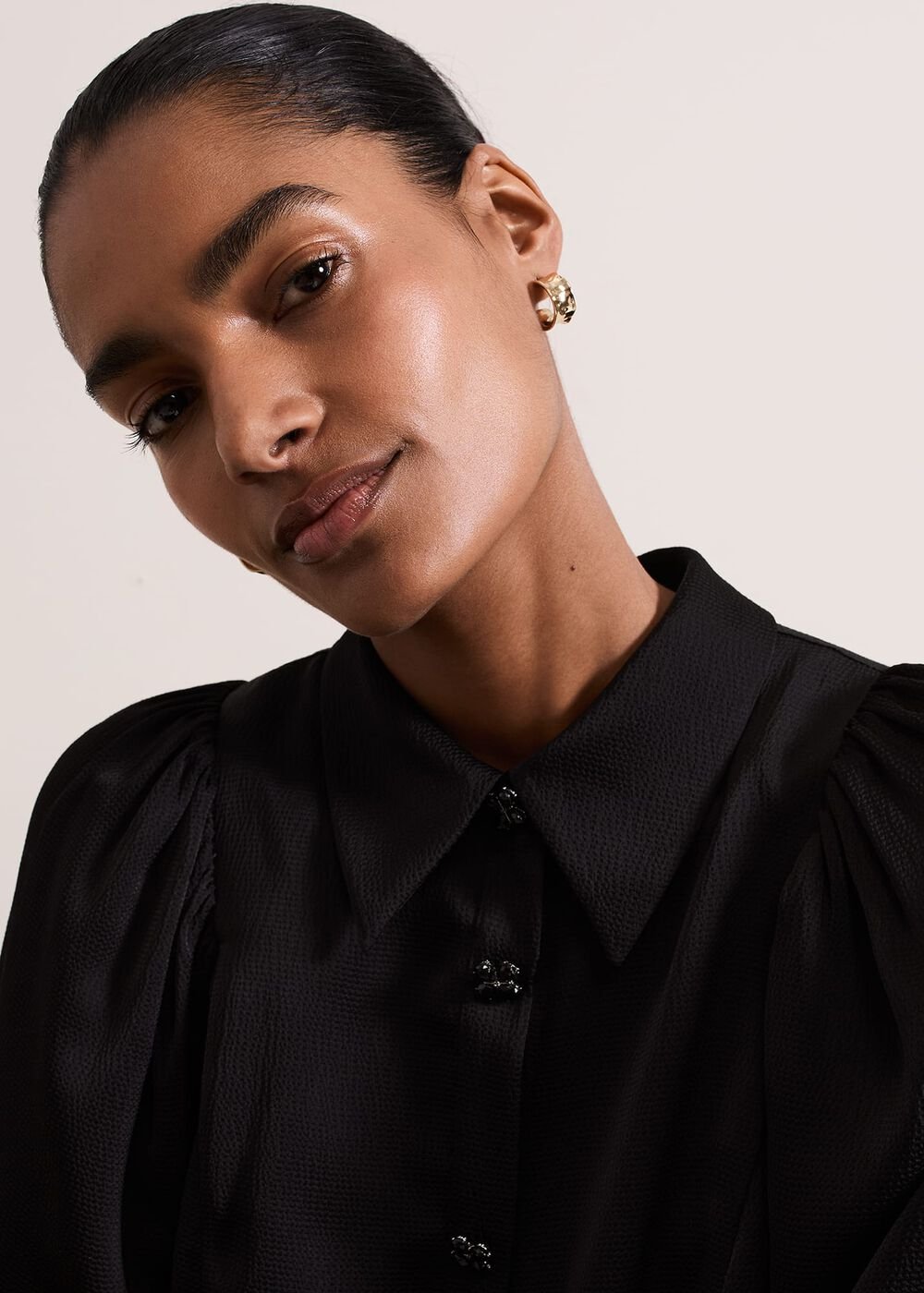 Tila Black Satin Embellished Shirt Dress - Black