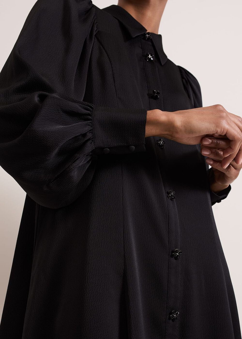 Tila Black Satin Embellished Shirt Dress - Black