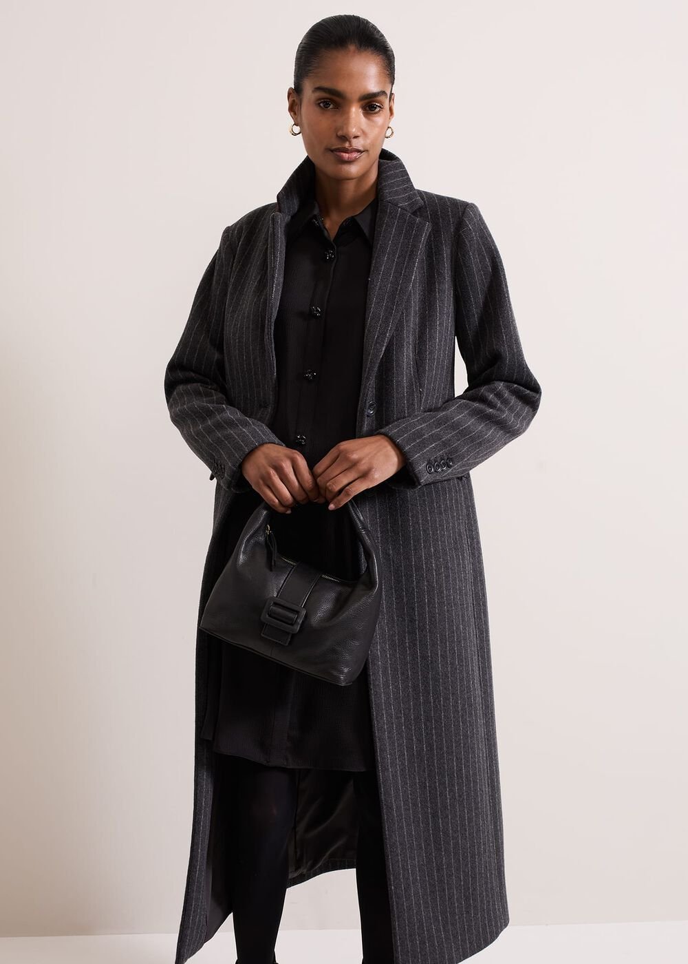 Tila Black Satin Embellished Shirt Dress - Black