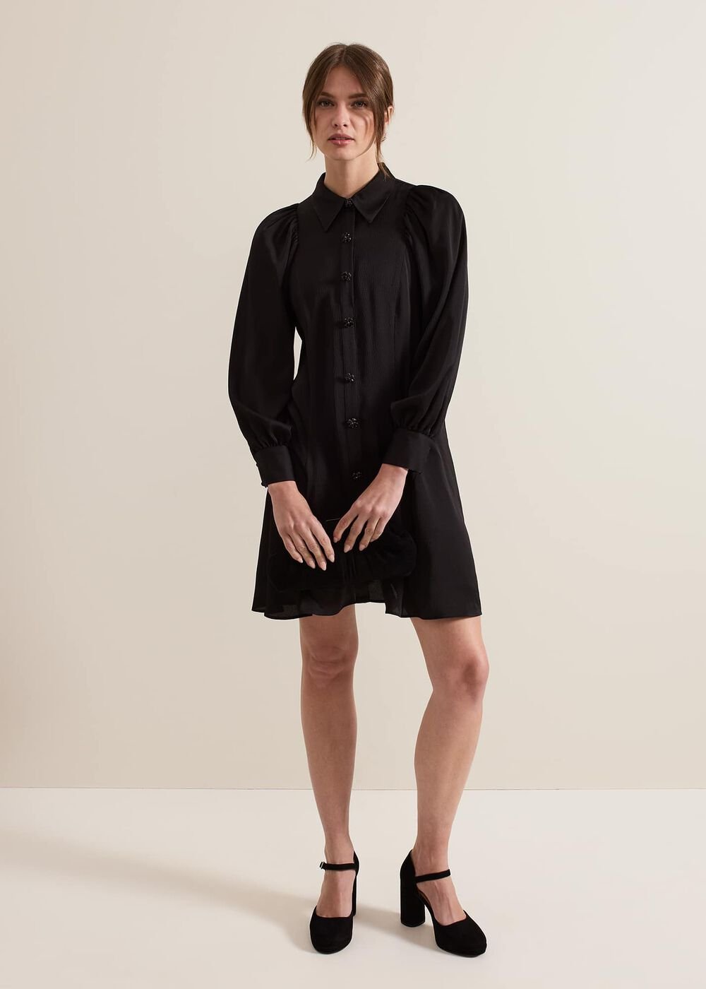 Petite Tila Black Satin Shirt Dress - Black