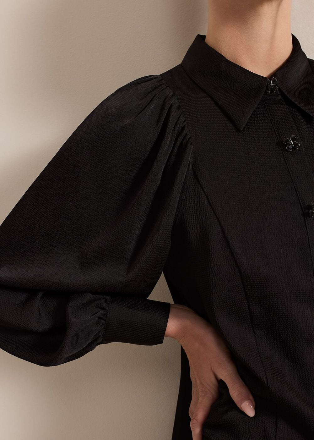 Petite Tila Black Satin Shirt Dress - Black
