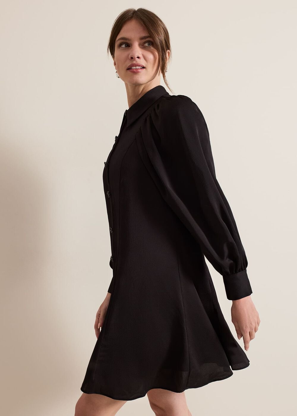 Petite Tila Black Satin Shirt Dress - Black
