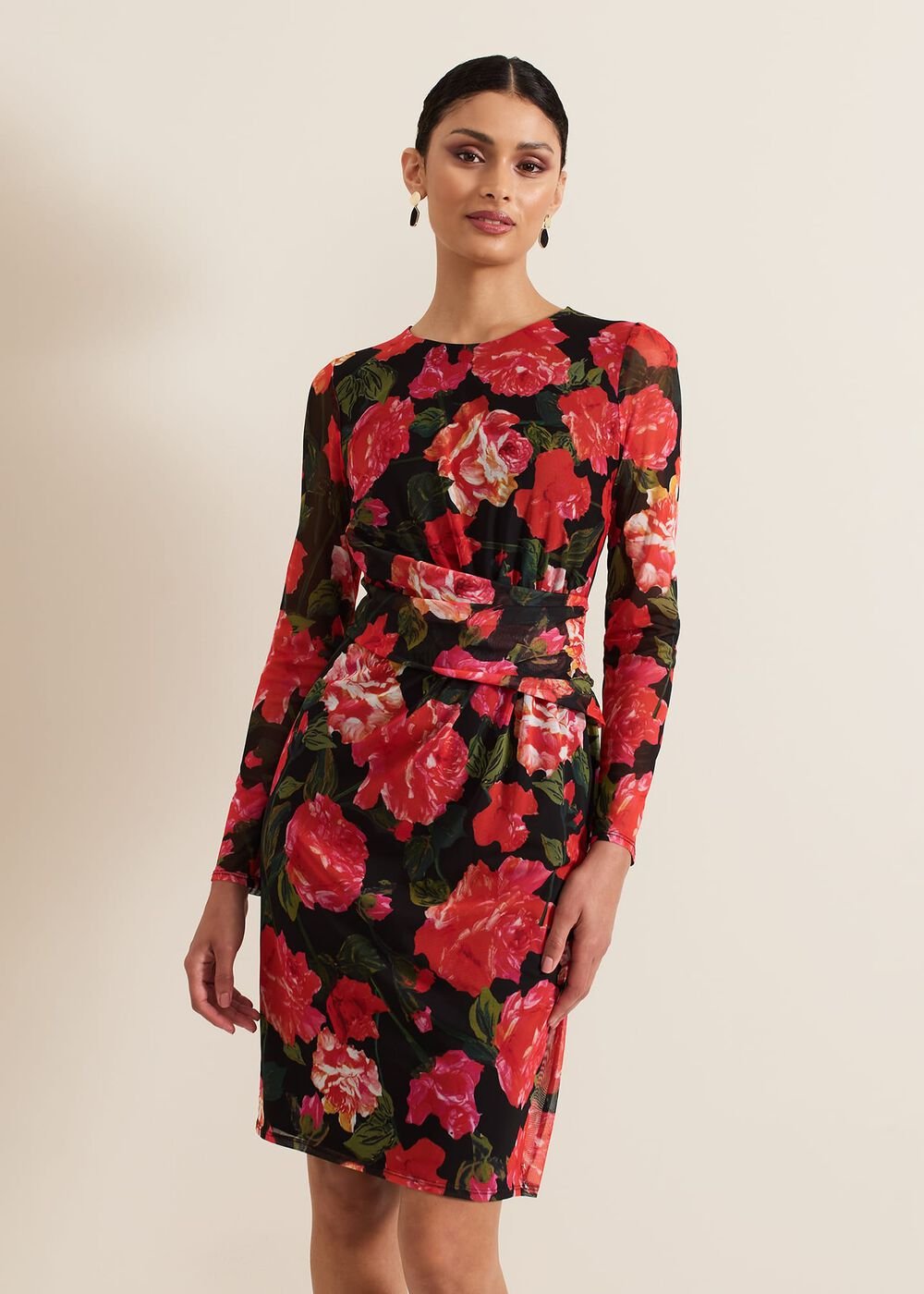 Roshni Mesh Floral Midi Dress - Black/Multi