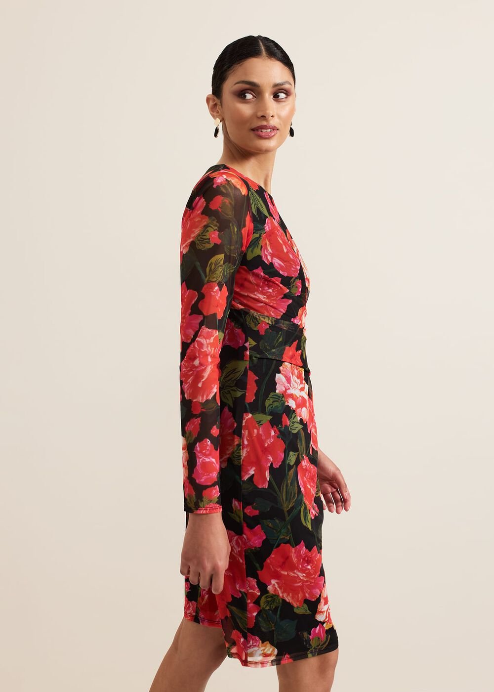 Roshni Mesh Floral Midi Dress - Black/Multi