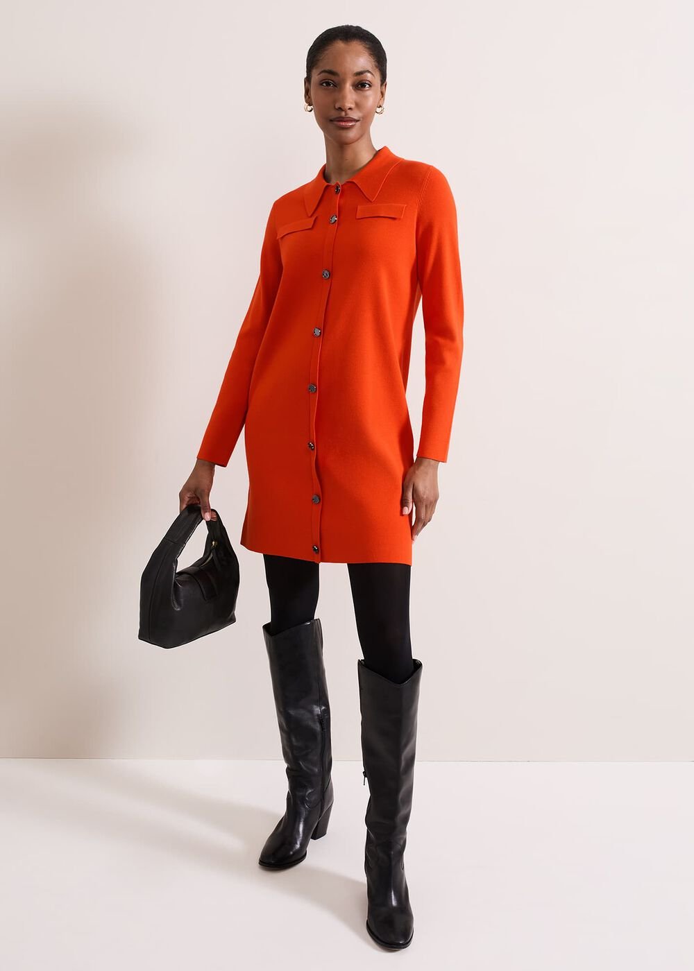 Azealia Fine Knit Collared Tunic Dress - Orange