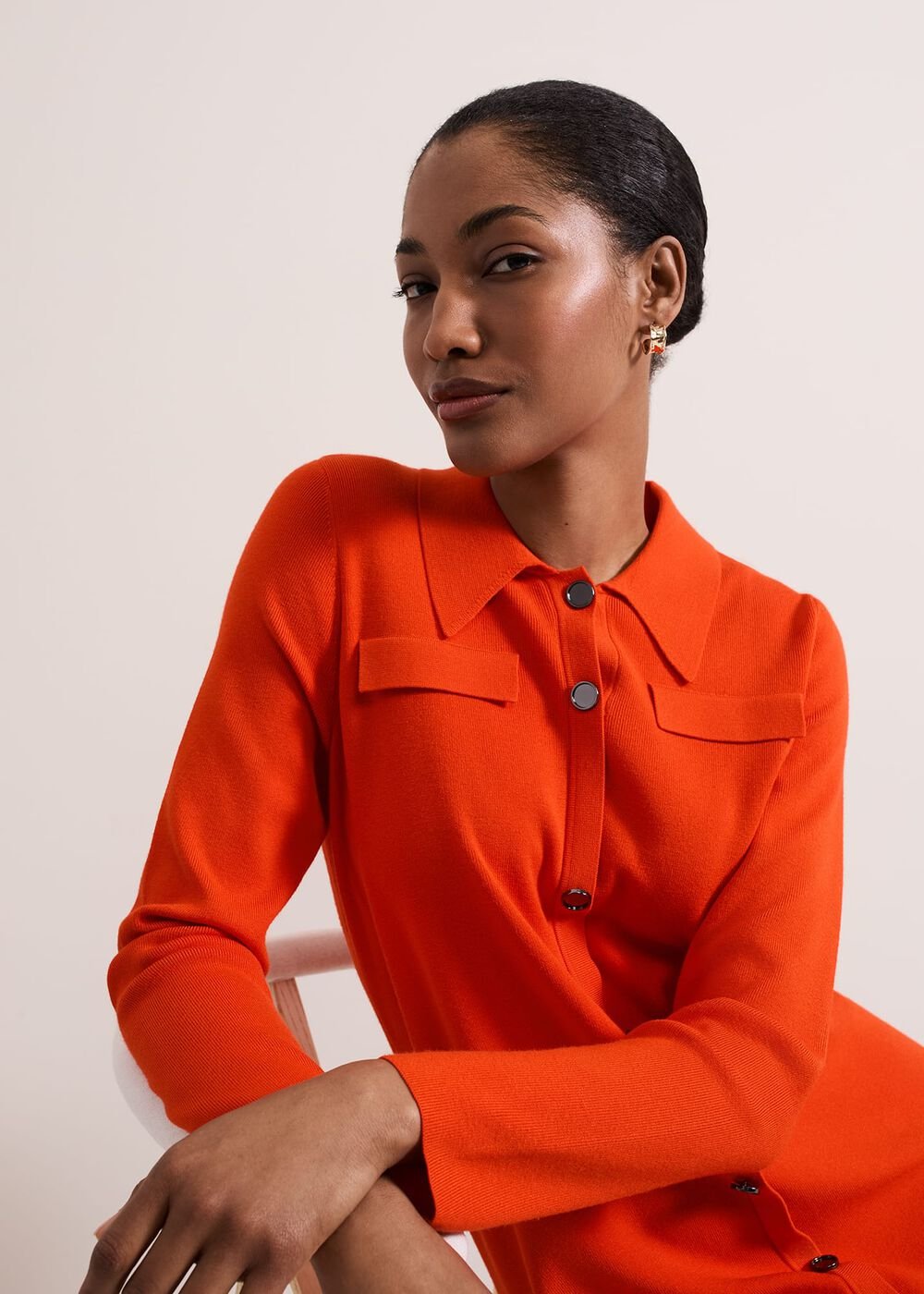Azealia Fine Knit Collared Tunic Dress - Orange