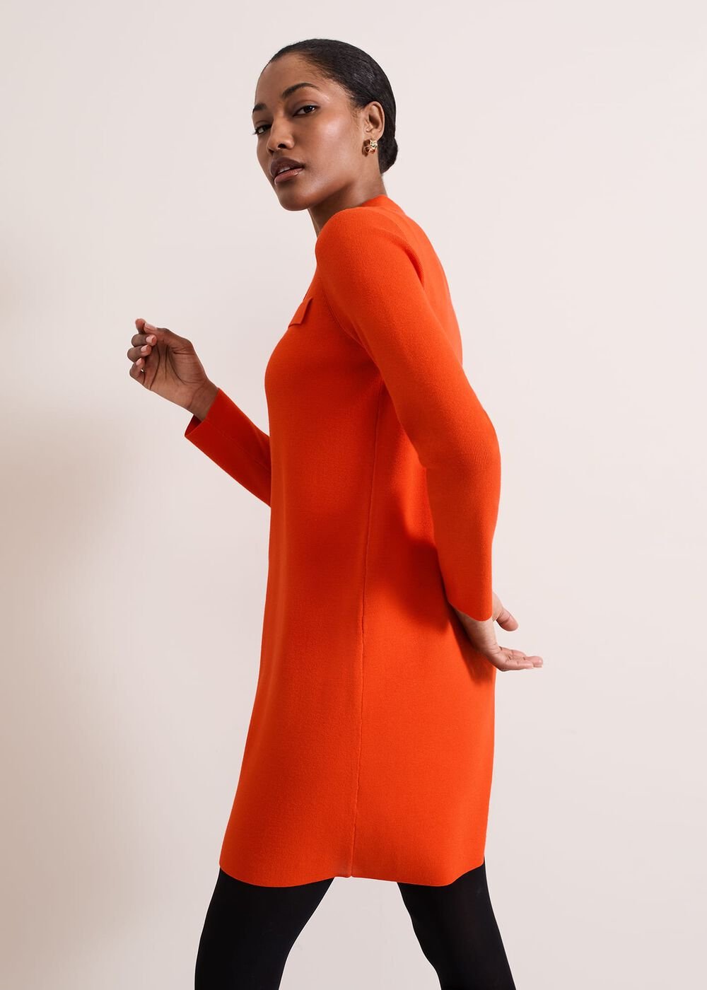 Azealia Fine Knit Collared Tunic Dress - Orange