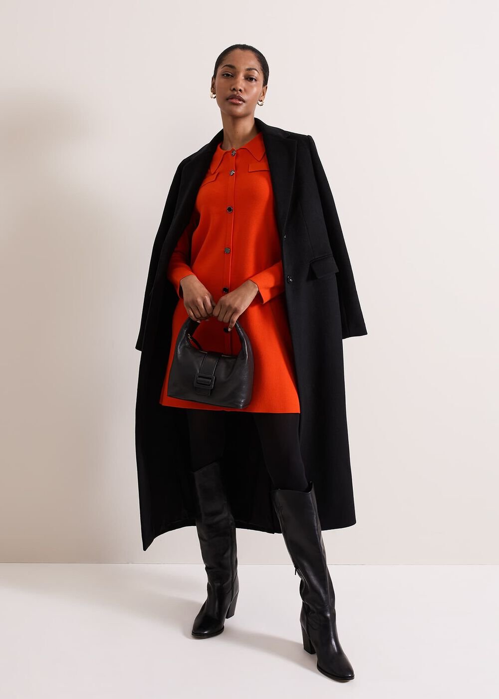 Azealia Fine Knit Collared Tunic Dress - Orange